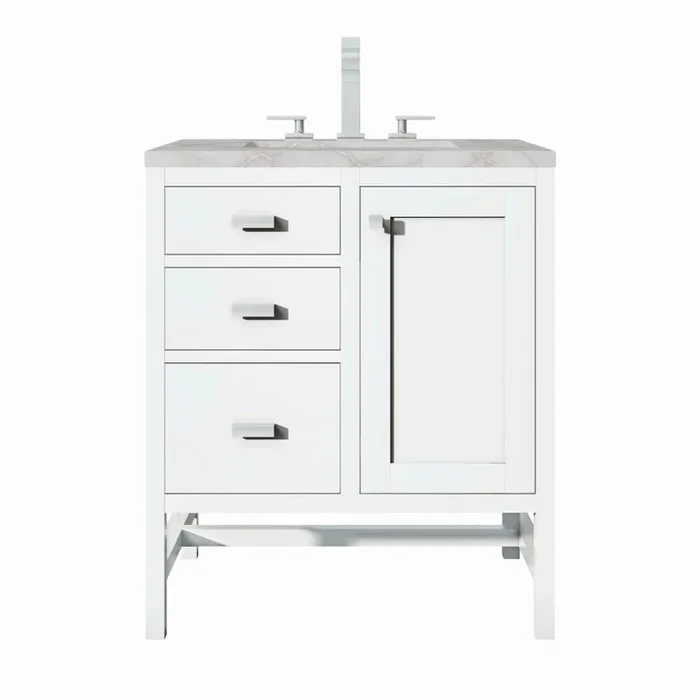 James Martin Vanities Addison 30″ Single Basin Wood Vanity Set with 3cm Victorian Silver Silestone Quartz Vanity Top, Rectangular Sink, USB Port and Electrical Outlet