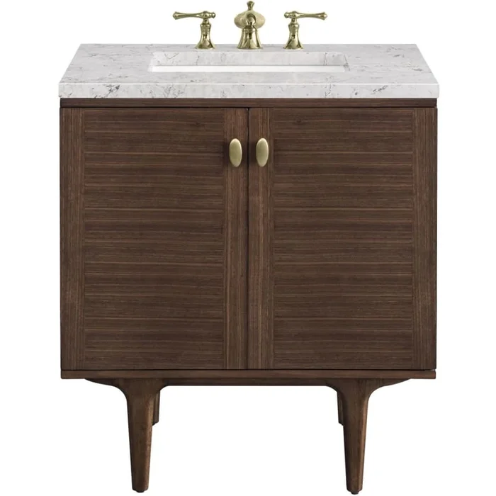 James Martin Vanities Amberly 30″ Free Standing or Wall Mounted Single Basin Rubberwood Vanity Set with 3cm Pearl Jasmine Quartz Vanity Top and Rectangular Sink