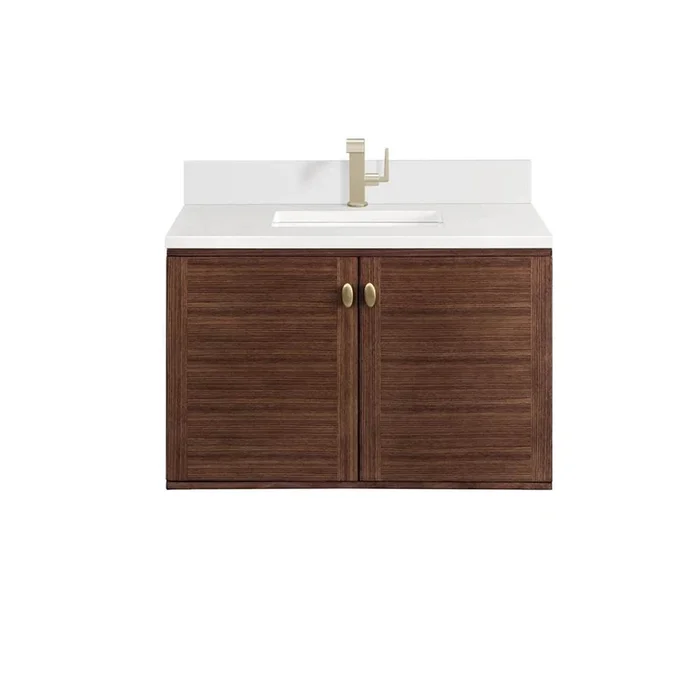 James Martin Vanities Amberly 36” Single Vanity, Mid-Century Walnut w/ Single Hole 3 CM White Zeus Top & Backsplash