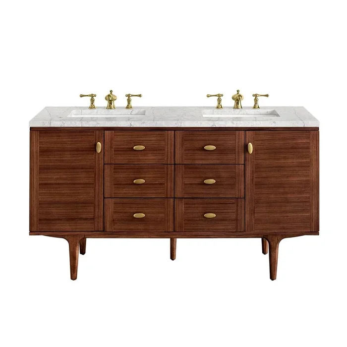 James Martin Vanities Amberly 60” Double Vanity, Mid-Century Walnut w/ 3 CM Eternal Jasmine Pearl Top