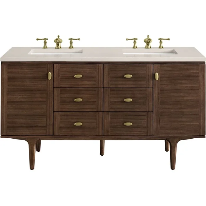 James Martin Vanities Amberly 60″ Free Standing or Wall Mounted Double Basin Rubberwood Vanity Set with 3cm Eternal Marfil Quartz Vanity Top and Rectangular Sinks