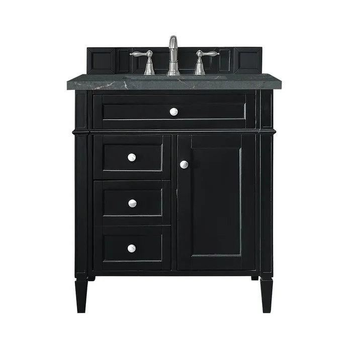 James Martin Vanities Brittany 30” Single Vanity, Black Onyx, w/ 3 CM Parisien Bleu Silestone Top