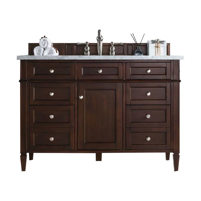 James Martin Vanities Brittany 48” Single Vanity, Burnished Mahogany w/ 3 CM Eternal Jasmine Pearl Silestone Top