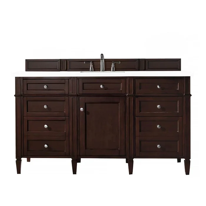 James Martin Vanities Brittany 60” Single Vanity, Burnished Mahogany w/ 3 CM White Zeus Silestone Top