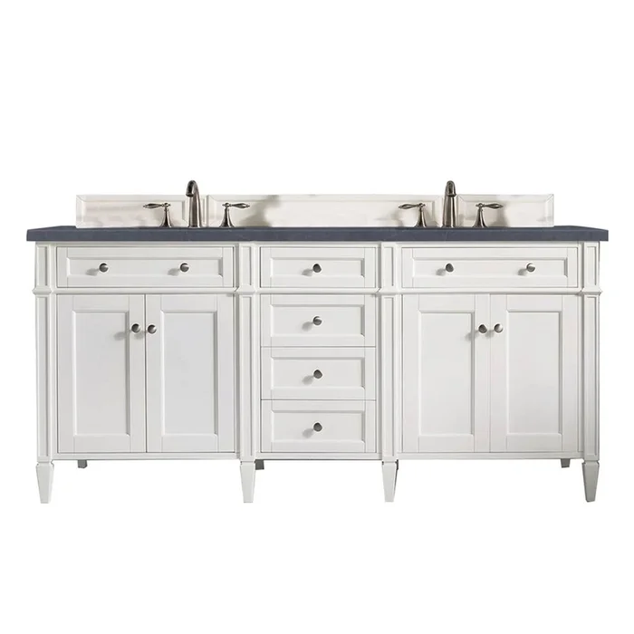 James Martin Vanities Brittany 72” Double Vanity, Bright White Vanity w/ 3 CM Charcoal Soapstone Silestone Top