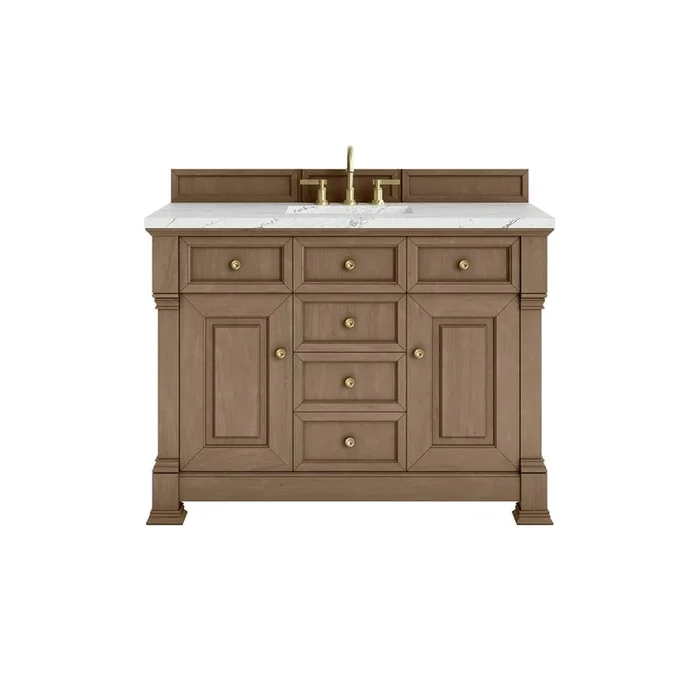 James Martin Vanities Brookfield 48” Single Vanity, Pecan w/ 3 CM Ethereal Noctis Silestone Top w/ FreePower Wireless Charger
