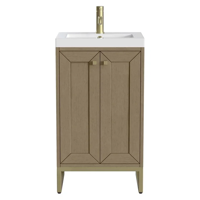 James Martin Vanities Chianti 20” Single Vanity, Walnut Whisper, Champagne Brass, w/ White Glossy Composite Stone Top