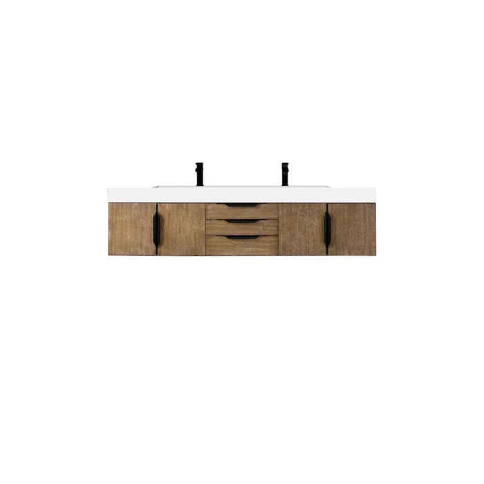 James Martin Vanities Columbia 72” Double Wall Mount Vanity, Latte Oak, Matte Black w/ Glossy White Composite Stone Top