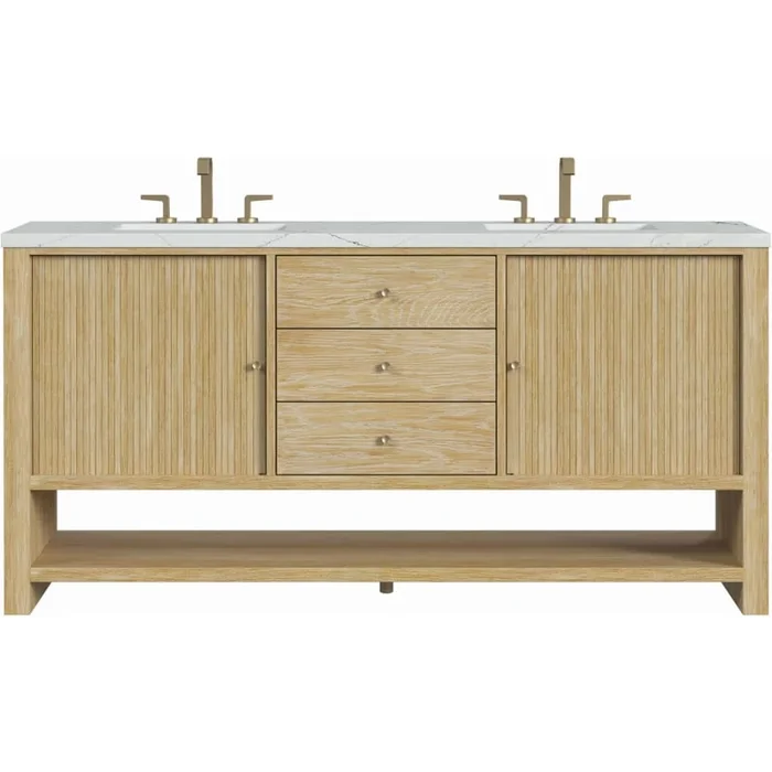 James Martin Vanities Marigot 72″ Double Basin Wood Vanity Set with 3cm Ethereal Noctis Silestone Quartz Vanity Top and Rectangular Sinks – 8″ Faucet Centers