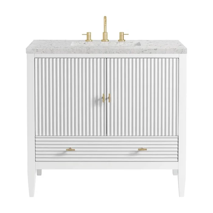 James Martin Vanities Myrrin 36” Vanity, Bright White w/ 3 CM Eternal Jasmine Pearl Silestone Top