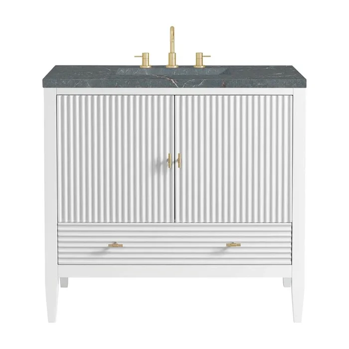 James Martin Vanities Myrrin 36” Vanity, Bright White w/ 3 CM Parisien Bleu Silestone Top