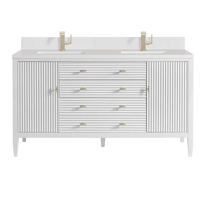 James Martin Vanities Myrrin 60” Double Vanity, Bright White w/ Single Hole 3 CM White Zeus Silestone Top & Backsplash