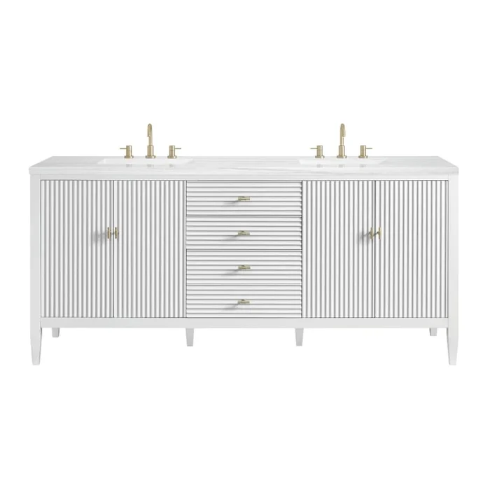 James Martin Vanities Myrrin 72″ Double Basin Wood Vanity Set with 3cm Arctic Fall Solid Surface Vanity Top, Rectangular Sinks and Electrical Outlet – 8″ Faucet Centers