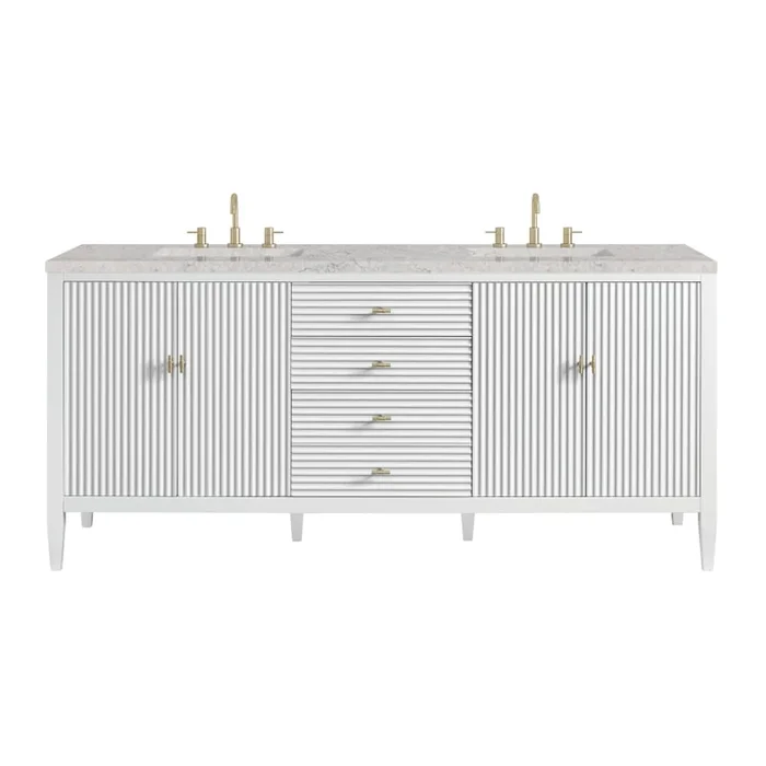 James Martin Vanities Myrrin 72″ Double Basin Wood Vanity Set with 3cm Eternal Jasmine Pearl Silestone Quartz Vanity Top and Rectangular Sinks – 8″ Faucet Centers
