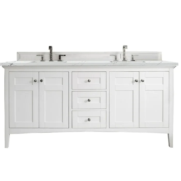 James Martin Vanities Palisades 72″ Free Standing Double Basin Hardwood Vanity Set with 3 cm Ethereal Noctis Quartz Vanity Top, Rectangular Sinks, USB Port and Electrical Outlet