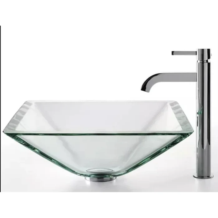 Kraus Clear Bathroom Combo – 16-1/2″ Aquamarine Glass Vessel Bathroom Sink with Vessel Faucet, Pop-Up Drain, and Mounting Ring