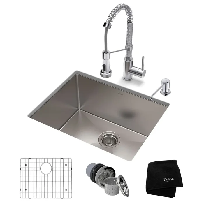 Kraus Standart PRO 23″ Undermount Single Basin Stainless Steel Kitchen Sink with Deck Mounted 1.8 (GPM) Pre-Rinse Kitchen Faucet with Soap Dispenser