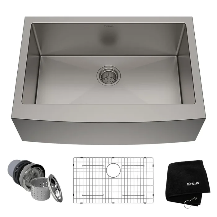 Kraus Standart PRO 29-3/4″ Single Basin 16 Gauge Stainless Steel Kitchen Sink for Farmhouse Installations with Apron Front – Basin Rack and Basket Strainer Included
