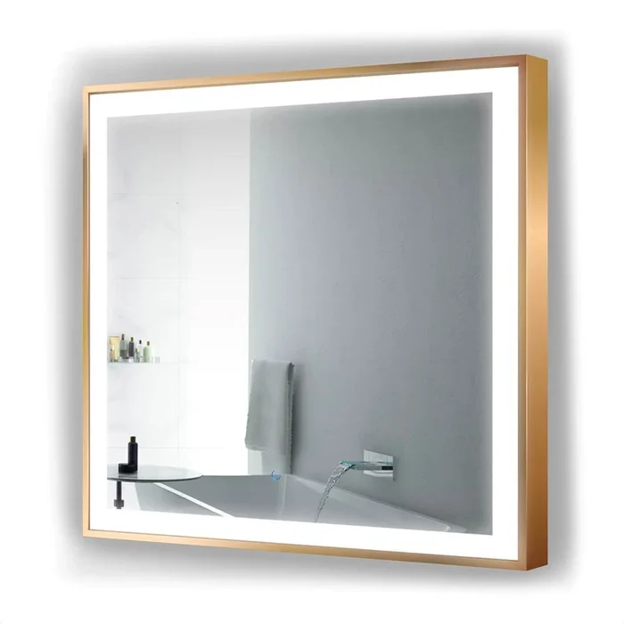 Krugg LED Lighted Bathroom Frame Mirror With Defogger, Gold, 36”x36”