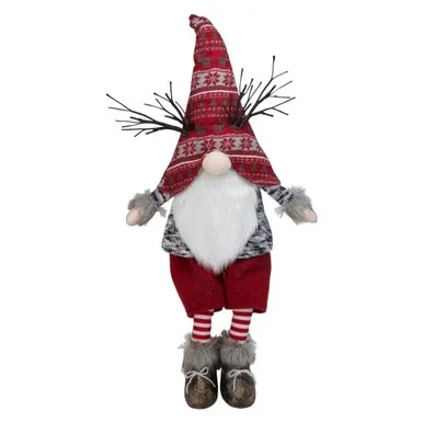 LED Lighted Antlers Fair Isle Sitting Gnome Christmas Figure – 30″ – Red and Gray