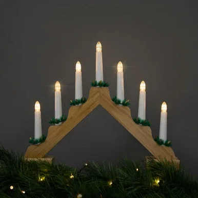 LED Lighted Christmas Candelabra Bridge – 13″ – Natural Wood – C6 Clear Lights