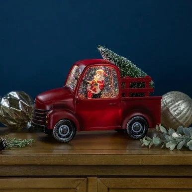 LED Lighted Santa in Red Retro Truck with Christmas Tree Snow Globe – 9″