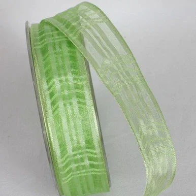Lime Green Plaid Patterned French Wired Craft Ribbon 1″ x 25 Yards