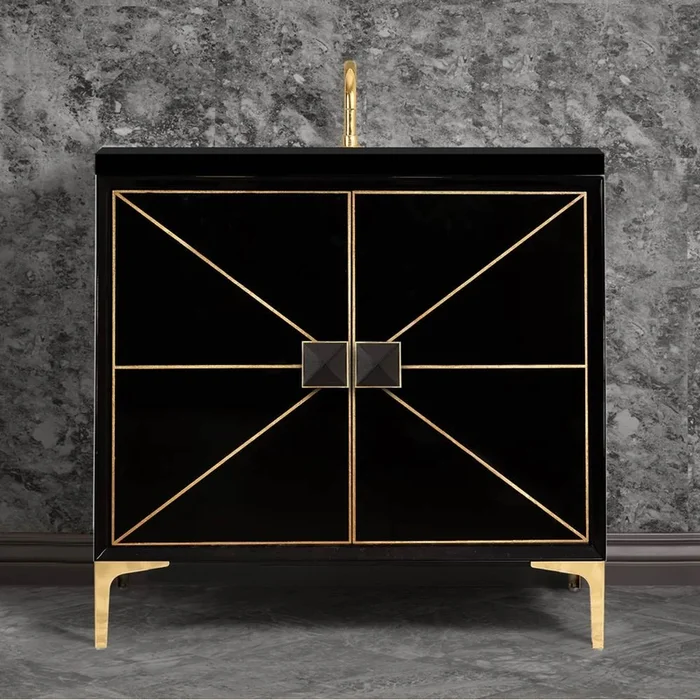 Linkasink DIVERGENCE with Artisan Glass Hardware 36” Wide Vanity, Black, Polished Brass Hardware, 36” x 22” x 33.5” (without vanity top)