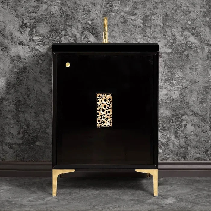 Linkasink Frame 36” Wide Black Vanity with Polished Brass Coral Grate and Legs, 36” x 22” x 33.5” (without vanity top)