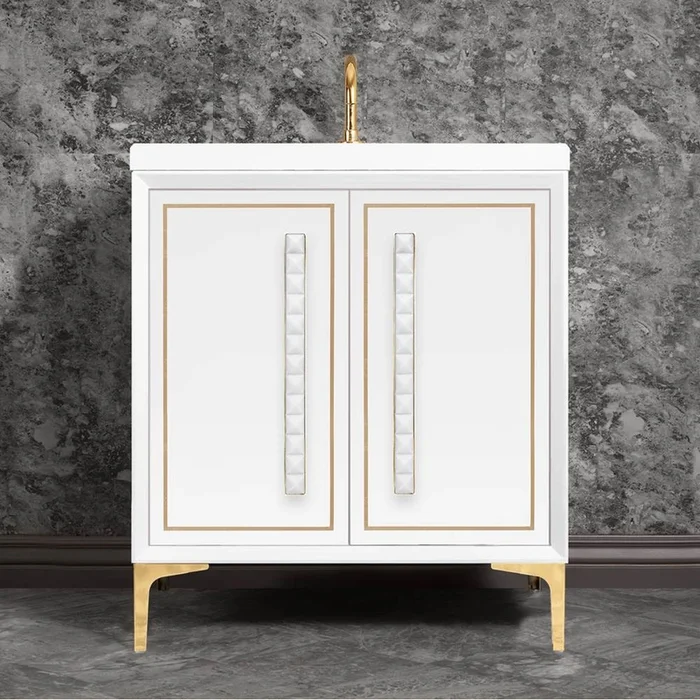 Linkasink LINEA with 18” Artisan Glass Pyramid Hardware 30” Wide Vanity, White, Polished Brass Hardware, 30” x 22” x 33.5” (without vanity top)