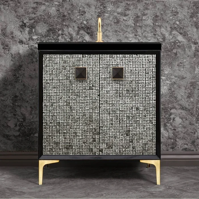 Linkasink MOTHER OF PEARL with 3” Artisan Glass Prism Hardware 30” Wide Vanity, Black, Satin Brass Hardware, 30” x 22” x 33.5” (without vanity top)