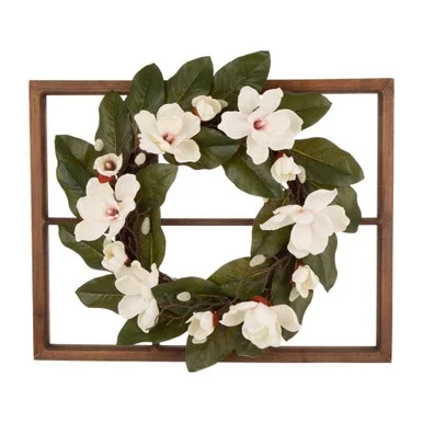 Magnolia Floral Artificial Christmas Wreath with Rectangular Window Frame – 24-Inch, Unlit