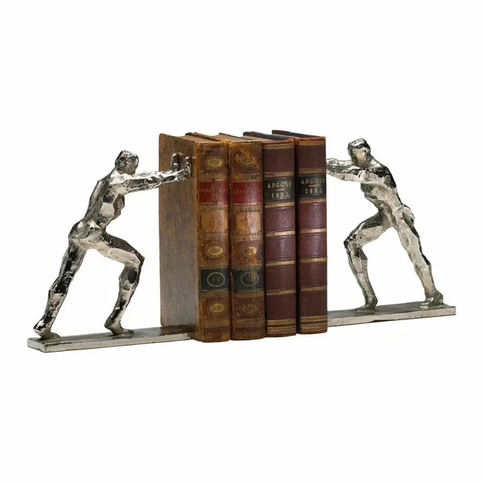 Man in cast iron bookends