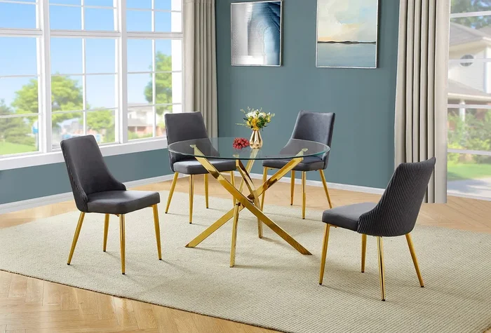 Mariano Furniture – 5 Piece Round Glass Dining Set in Dark Gray/Gold – BQ-D232-4SC260