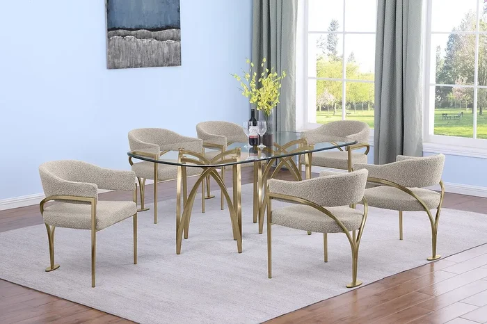 Mariano Furniture – 7 Piece Small Rectangular Glass Dining Set in Gray/Gold- BQ-D06-6SC305