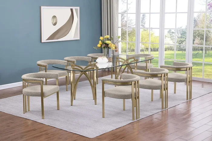 Mariano Furniture – 9 Piece Rectangular Dining Table Set in Gray/Gold- BQ-D08-8SC385