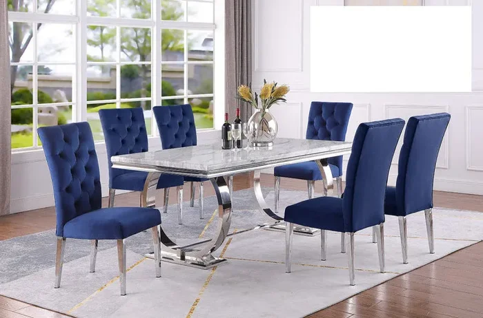 Mariano Furniture – LX01 – 7 Piece Rectangle Dining Table Set in Navy Blue/Silver – BM-LX01BL7