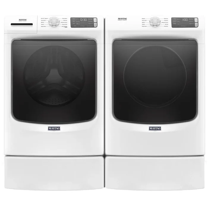 Maytag 27 Inch Wide 4.5 Cu. Ft. Washer and 27 Inch Wide 7.3 Cu. Ft. Electric Dryer Laundry Pair with Pedestal and Advanced Moisture Sensing