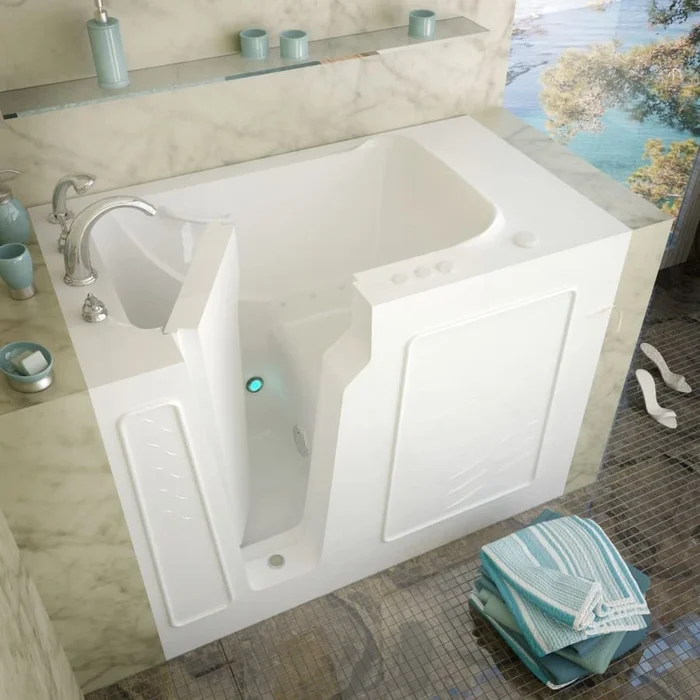 MediTub 52″ Fiberglass Air Walk In Tub for Alcove Installations with Left Drain, Drain Assembly, Overflow, 8″ Extension Panel, Roman Tub Filler and Hand Shower