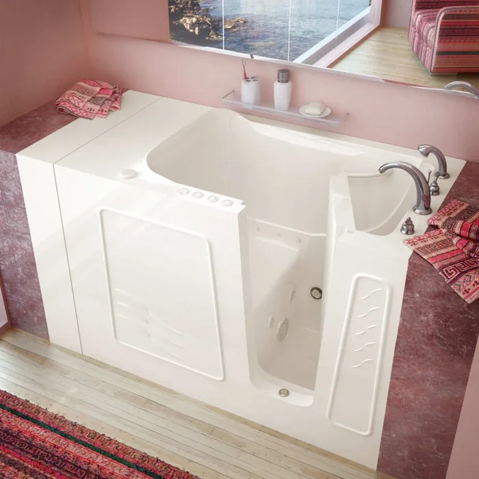 MediTub 53″ Fiberglass Air / Whirlpool Walk In Tub for Alcove Installations with Right Drain, Overflow, Powered Fast Drain, Roman Tub Filler and Hand Shower