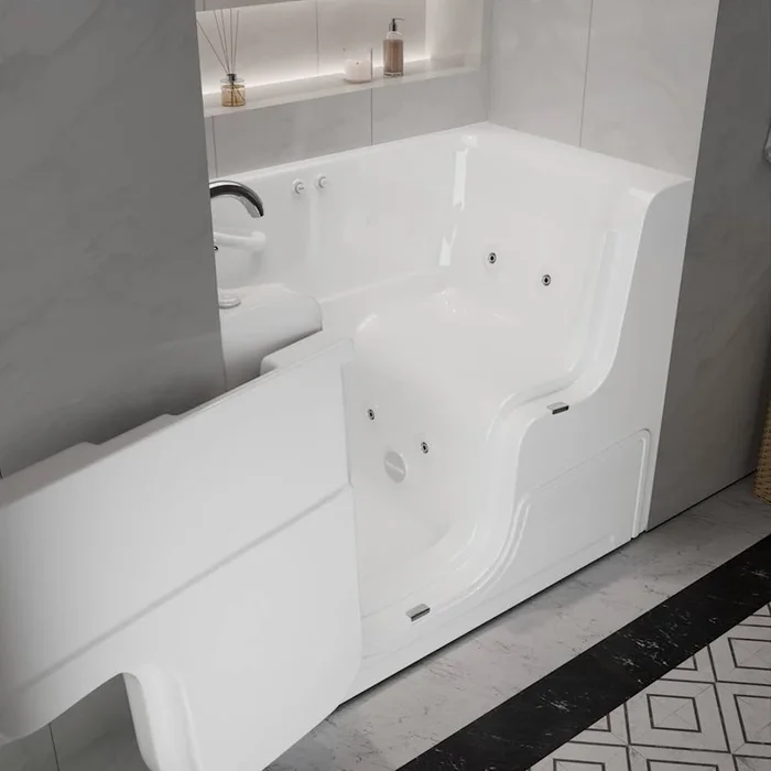 MediTub 53″ Fiberglass Whirlpool Walk In Tub for Alcove Installations with Powered Fast Left Drain, Overflow, Roman Tub Filler and Hand Shower