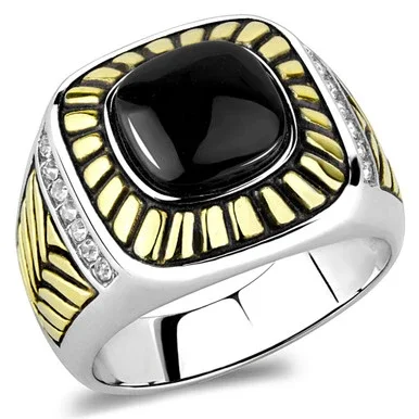 Men’s Ion Plated Gold Stainless Steel Ring with Black Jet Synthetic Onyx – Size 9