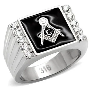 Men’s Stainless Steel Masonic Ring with Cubic Zirconia – Size 9