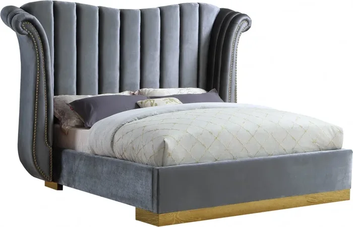 Meridian Furniture – Flora Velvet Queen Bed in Grey – FloraGrey-Q