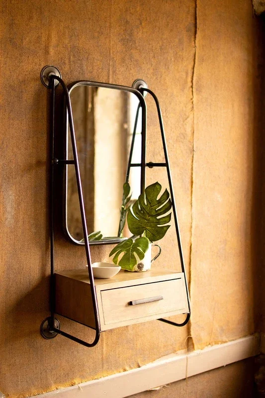 Metal wall mirror with drawer