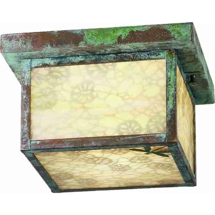 Meyda Tiffany Hyde Park Lotus Leaf and Dragonfly 14″ Wide Flush Mount Square Ceiling Fixture – Verdigris Finish