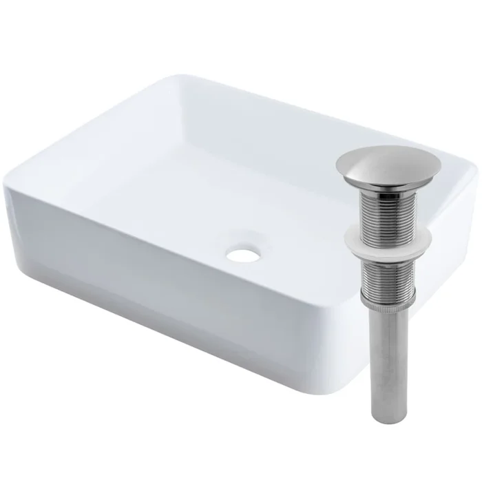 Miseno 15″ Rectangular Porcelain Vessel Bathroom Sink and Umbrella Drain Assembly