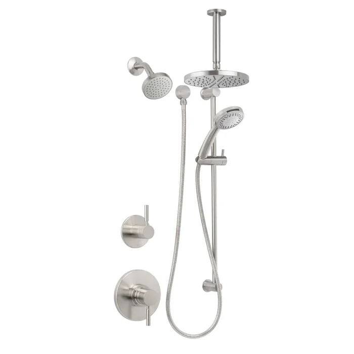 Miseno Mia Pressure Balanced Shower System with 1.8 GPM Rain Shower Heads, Hand Shower, Slide Bar, Ceiling Mounted and Standard Shower Arms