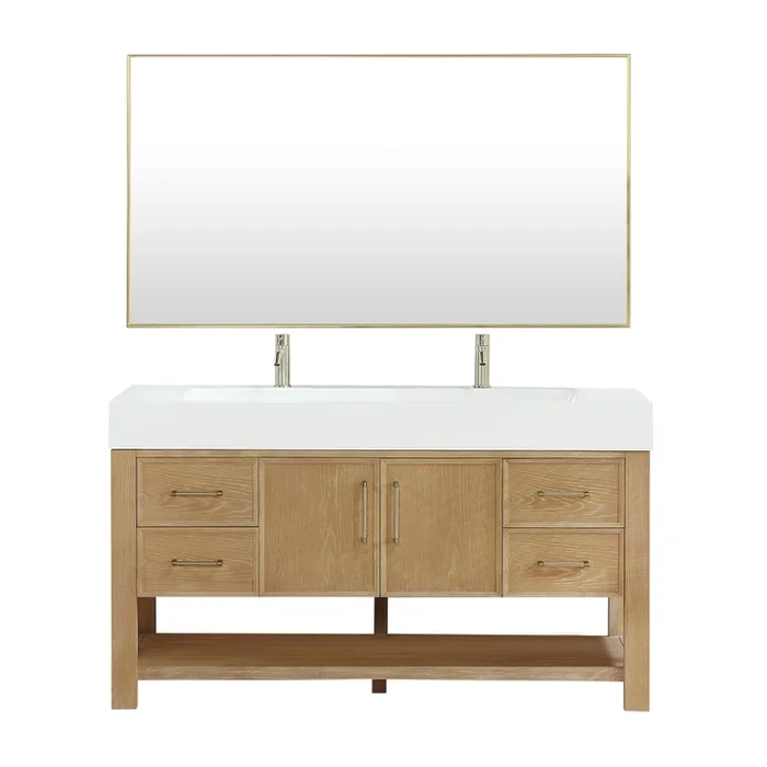 Miseno Vera 60″ Free Standing Single Basin Vanity Set with Cabinet, Composite Stone Vanity Top and Mirror