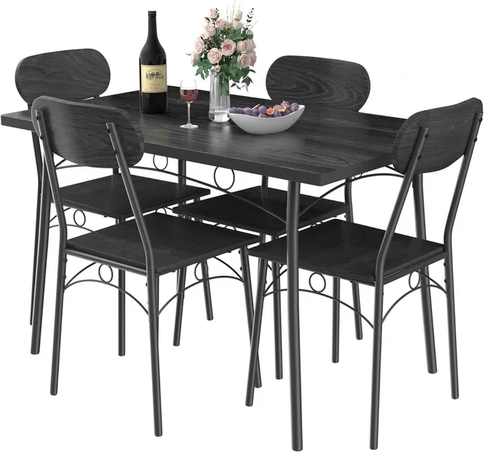 Modern 5-Piece Dining Set with Black Wood-Top Table and 4 Chairs